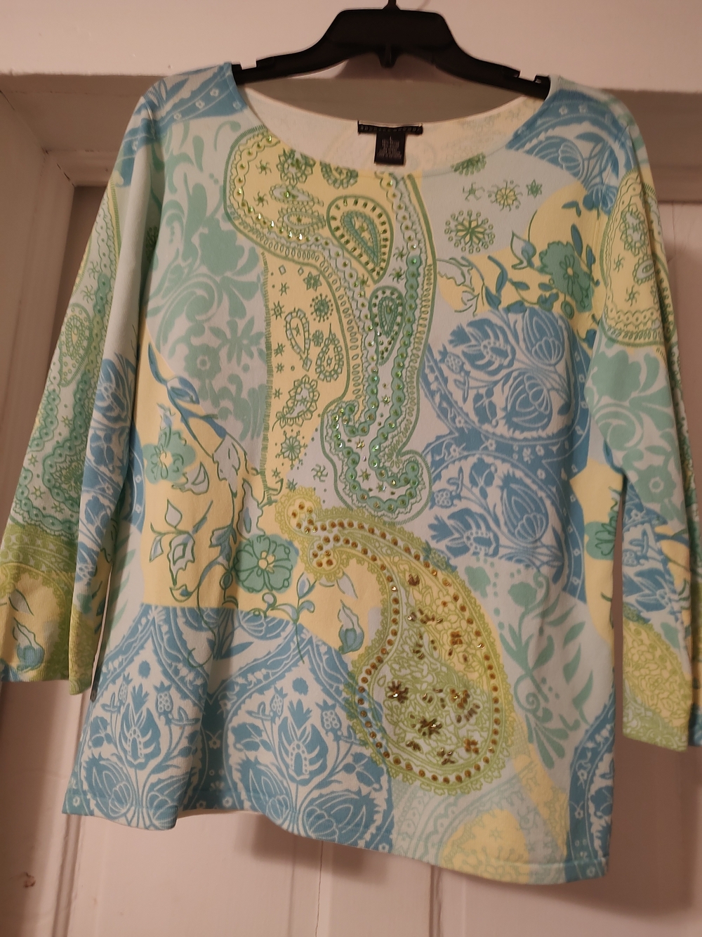 Women's Long Sleeve Paisley Print Tee in Light Blue & Pale Yellow